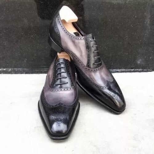 Handmade Men's Black and Gray Calf Leather Wingtip Oxford Lace up Dress Shoe