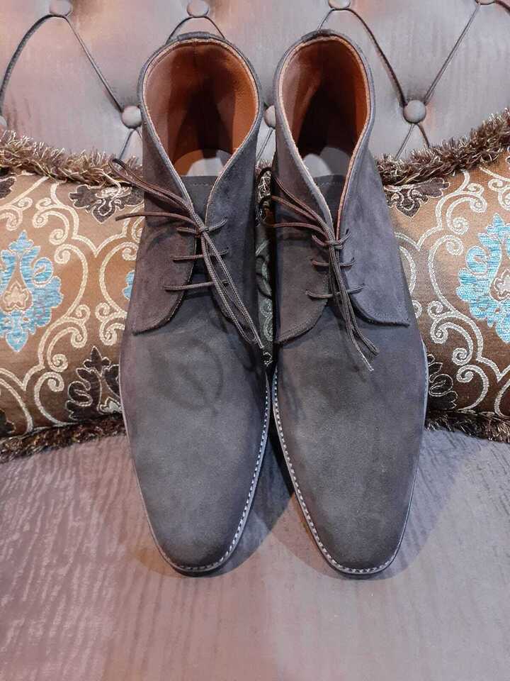 Handmade Men's Grey Chukka Suede Leather Shoes Lace Up Round Toe Ankle Boots