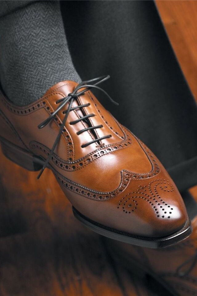 Handmade Men's Brown Leather Wingtip Medallion Chiseled Toe Lace Up Oxford Shoes