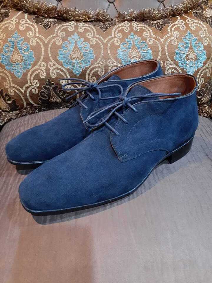 Handmade Men's Blue Chukka Suede Leather Shoes Lace Up Square Toe Ankle Boots