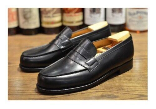 Handmade men black leather moccasin, penny loafer slip on shoes