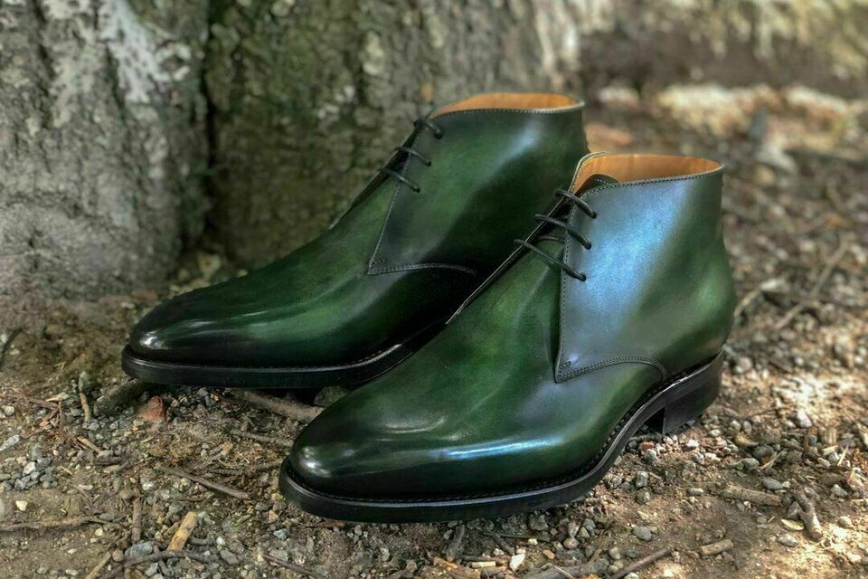 Handmade Men's Green Genuine Leather Chukka boots Dress Lace Up