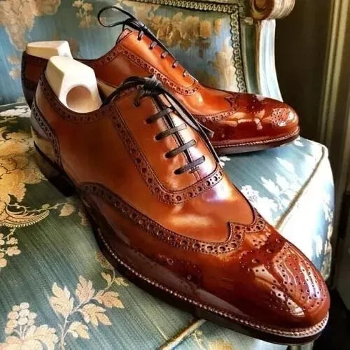 Handmade Men's Brown Leather Oxford Wingtip Brogue Lace Up Dress Casual Shoe