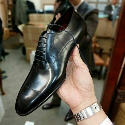 Handmade Men's black leather Oxfords Cap Toe shoes, Men Lace up dress shoes