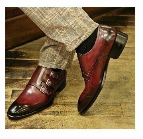 Handmade burnished triple monk shoes, men dress leather shoes