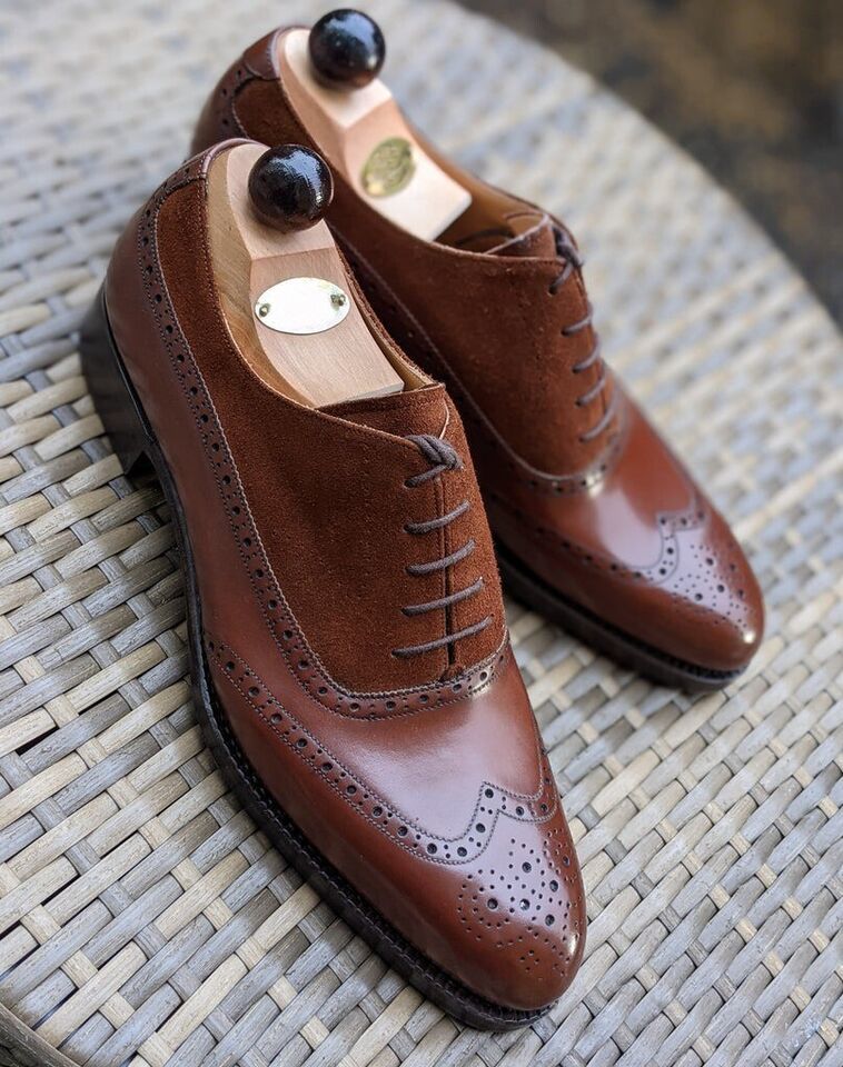 Handmade Men's Brown Brogue Leather Wingtip Lace up Dress Formal Shoes