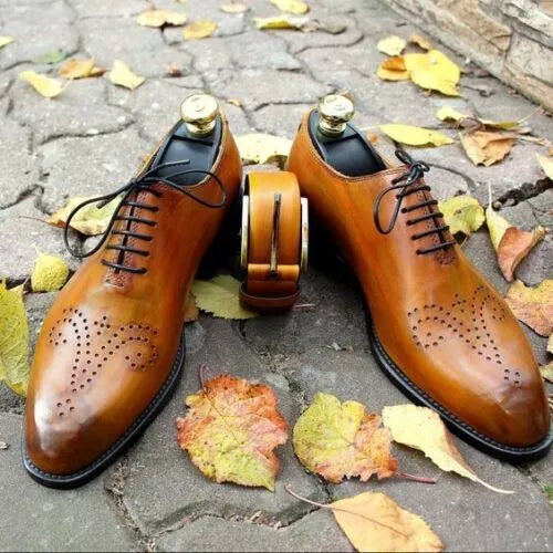 Bespoke Handmade Dress Wholecut Men Shoe Tan Leather Brogue Oxford Lace Up Shoes