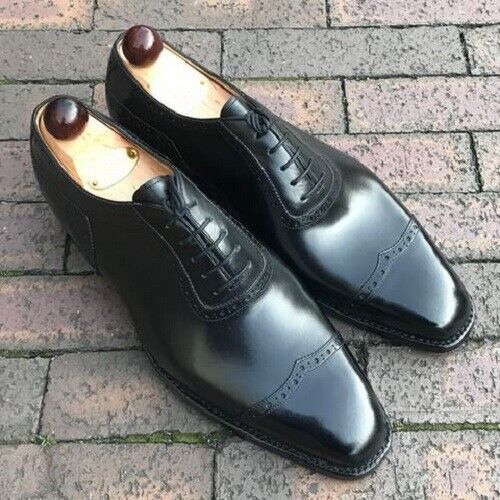 Handmade Men's Black Leather Oxford Lace up Dress Formal Shoes