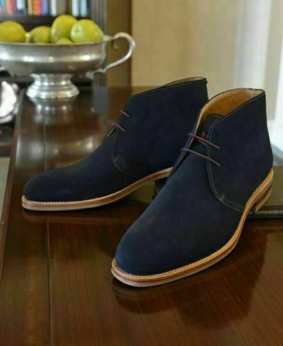 Handmade Men's Navy Blue Suede Leather Chukka Ankle High Boots Lace Up Shoes