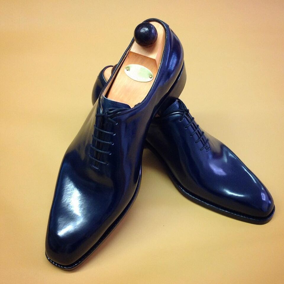 Handmade Men's Blue Leather Oxford Lace up Plain Toe Dress Formal Shoes