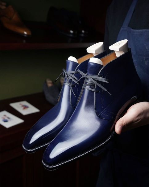 Handmade Men's Blue Leather Chukka Chisel Toe Ankle Boots Lace Up Dress