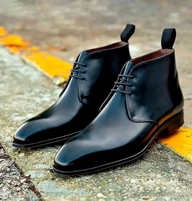 Handmade Men's Black Leather Chukka Chiseled Toe Ankle Boots Lace Up Dress