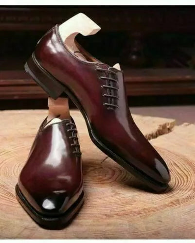 Mens Handmade Boots Leather Shoes Maroon Oxford Pointed Toe Lace Up Formal Dress