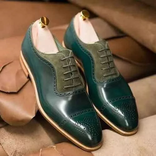 Tailor Made Green Leather Suede Cap Toe Brogue Oxford Lace up Men Formal Shoes