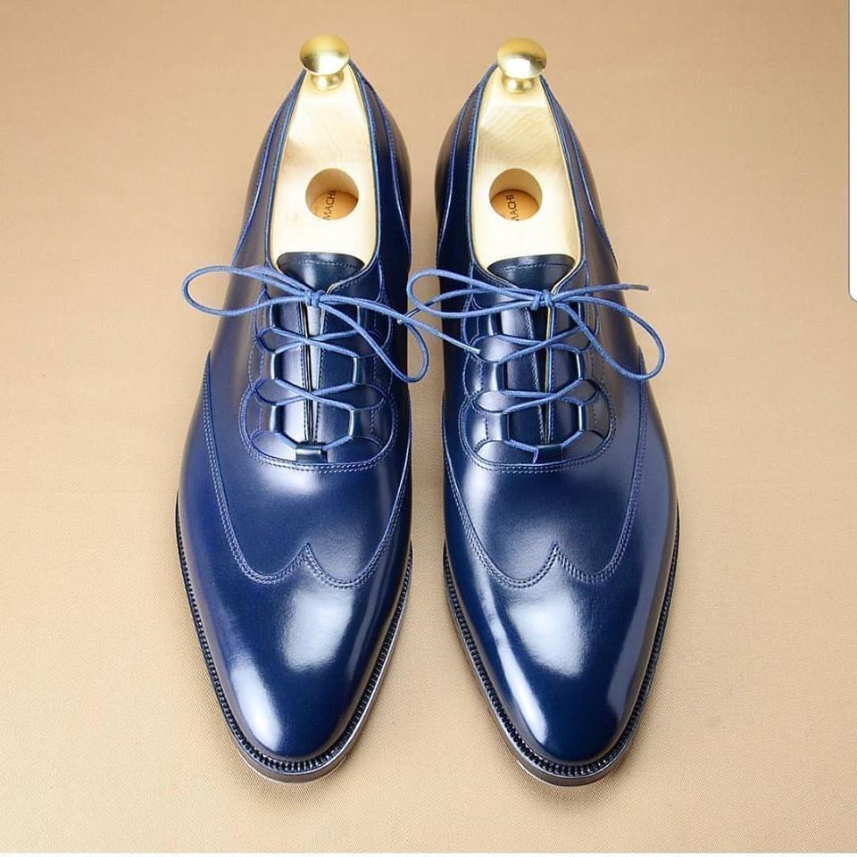 Handmade Men's Navy Blue Leather Wingtip Lace Up Dress Oxford Shoes