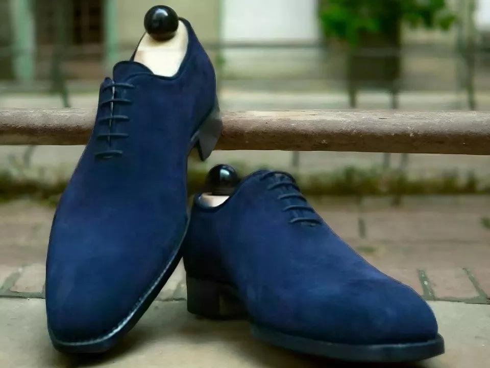 Handmade Men's Genuine Blue Suede Oxford Lace up Formal Shoes