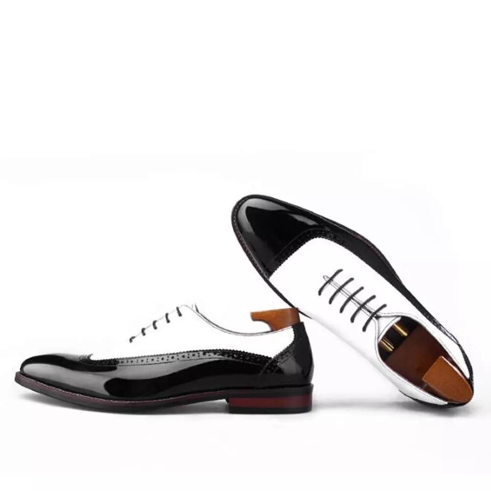 Handmade Men's Two Tone Black and White Brogue Lace Up Round Toe Dress Shoes