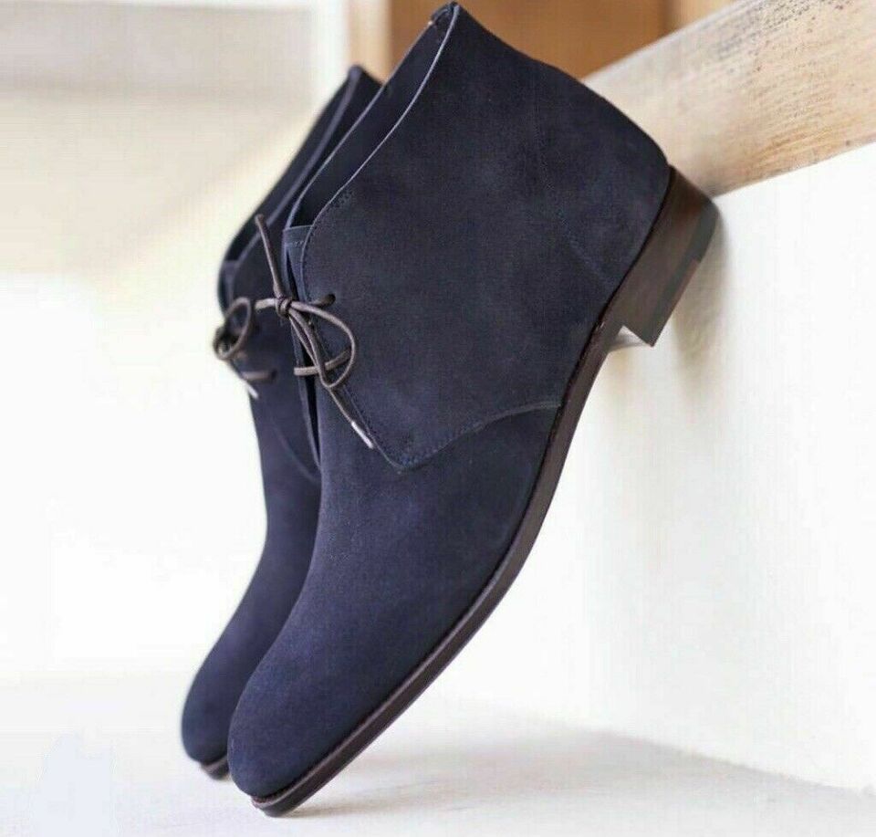 Handmade Men's Blue Suede Leather Chukka boots Dress Lace Up