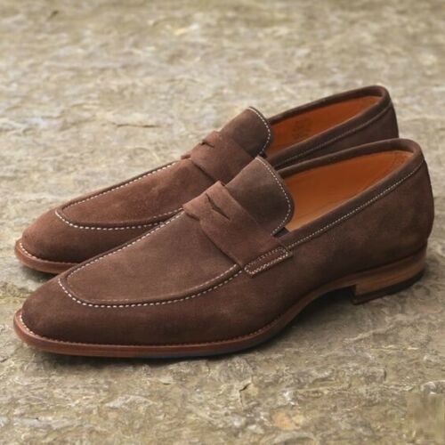 Handmade Men's Brown Suede Leather Penny Loafer Slip On Moccasins Shoes