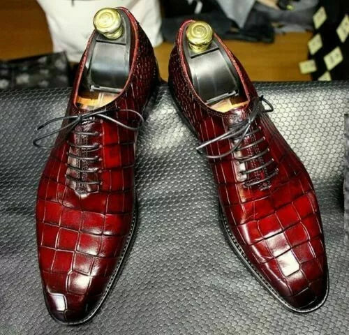 Men Handmade Boots Shoes Burgundy Leather Crocodile Patterned Lace up Formal