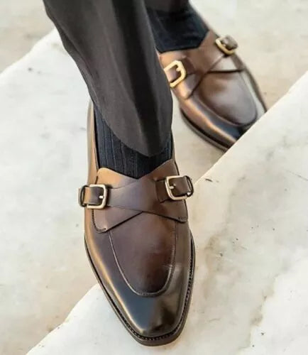 Brown New Leather Shoes Men Handmade Leather Formal Casual Double Monk Straps