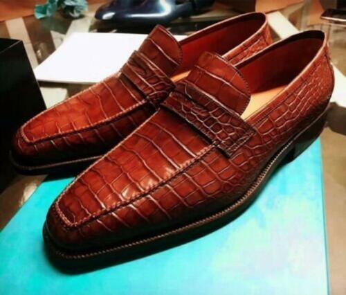 Handmade Men's Dark Tan Loafer Cowhide Leather Crocodile Texture Moccasin Shoes