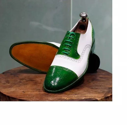 Men Two Tone Green and White Leather Brogue shoes, Handmade Lace Up Dress