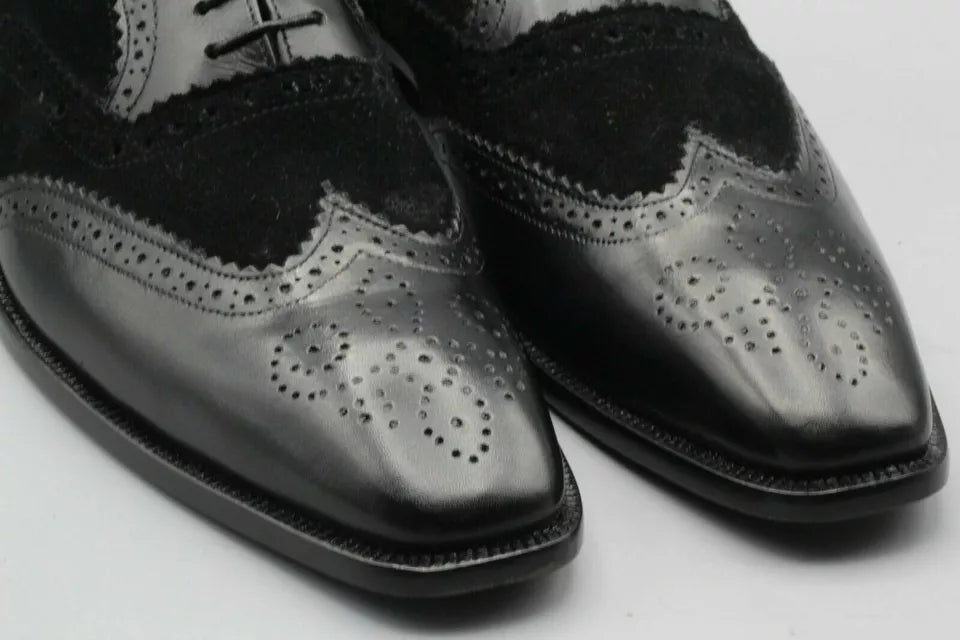 Handmade two-tone black leather and suede oxford brogue shoes