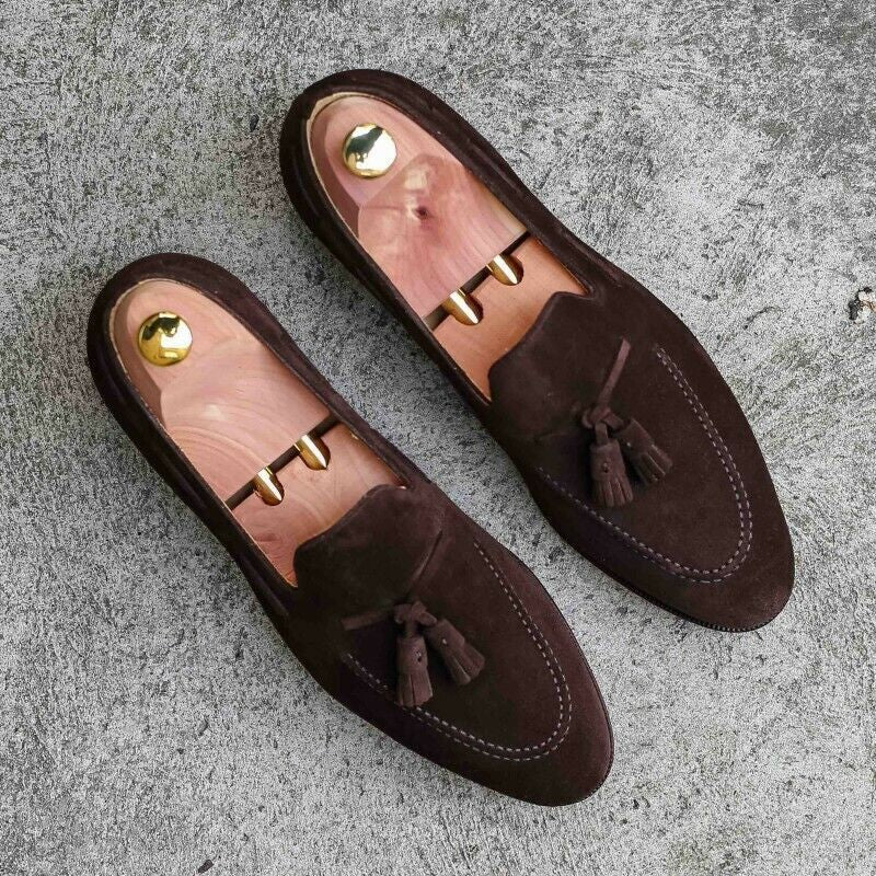 Handmade Loafer Style Dark Brown Color Tassel Slip On Men Suede Leather Shoes