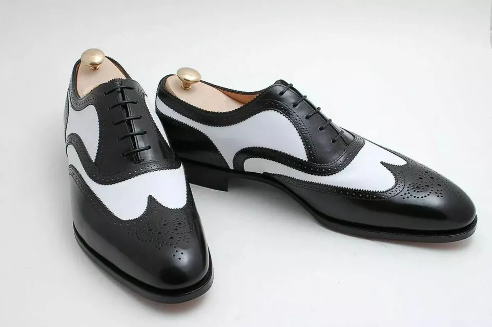 Handmade Men Formal Two Tone Oxford Brogue Leather Black and White Office Shoes