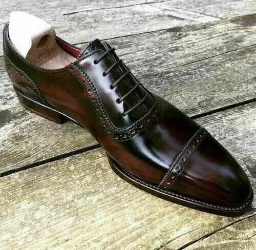 Bespoke Genuine Brown Leather Oxford Cap Toe Lace up Dress Formal Handmade Shoes