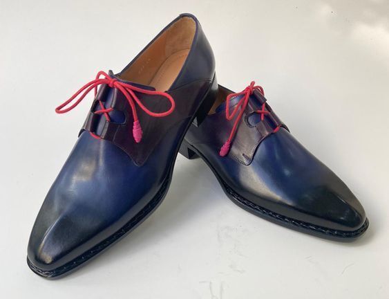 Handmade Men's Blue Leather Lace up Unique Toe Dress Formal Shoes