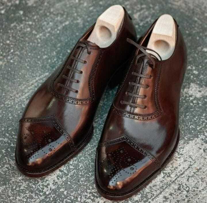 Handmade Men's Brown Brogue Leather Oxford Round Toe Dress Formal Shoes