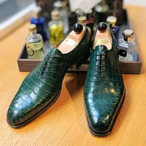 Mens Bespoke Handmade Leather Green Alligator Oxford Lace Up Dress Formal Shoes