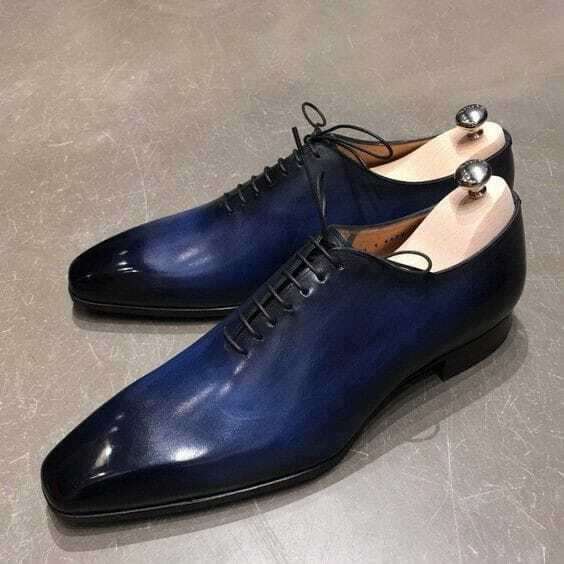 Handmade Men's Blue Leather Oxford Chiseled Toe Whole Cut Dress Formal Shoes