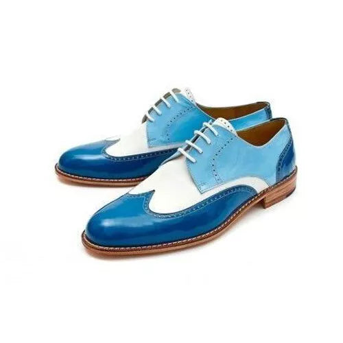 Handmade Men’s Genuine Blue and White Leather Derby Lace up Wingtip Dress Shoes