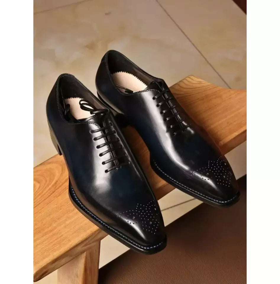 Handmade Men Shaded Black Brogue Lace Up Dress Shoes, Men Leather Oxford