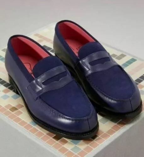 Handmade Men Slip On Suede and Leather Formal Shoes, Loafer Navy Blue Moccasins