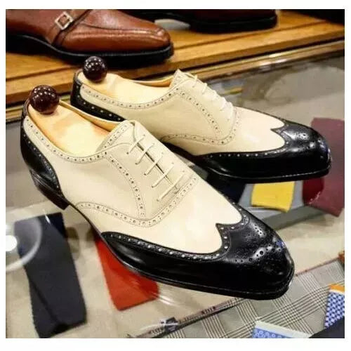 Handmade Beige & Black Wing Tip Brogue Leather Formal Dress Fashion Shoes