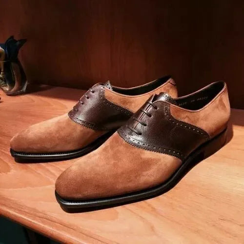 Handmade Men's Brown Leather and Suede Oxford Lace up Dress Shoes