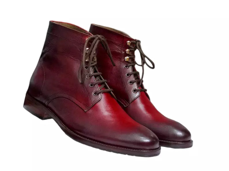 Handmade Men's Maroon Color Toning Leather Lace Up Ankle High Boots