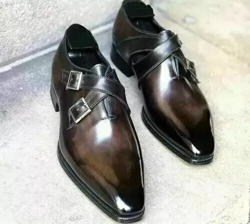 Men's Handmade Dark Brown Leather Double Monk Strap Formal Dress Shoes