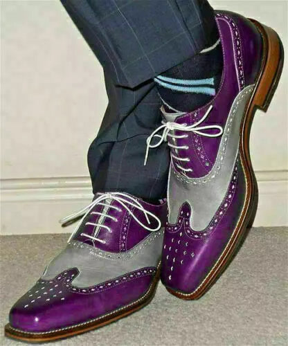 Handmade Men's Two tone wingtip brogue leather dress shoes. formal shoes