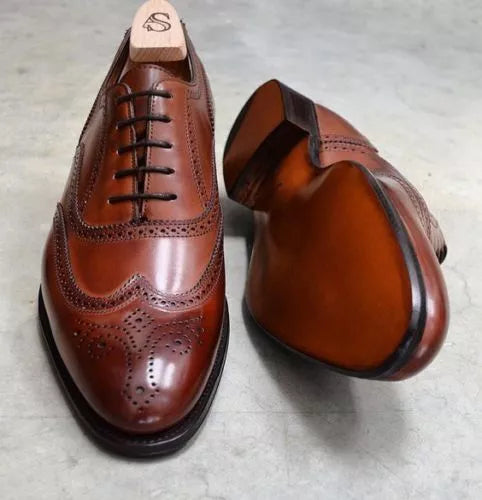 Handmade Mens Brown Leather Oxford Brogue Wingtip Lace Up Dress Shoes