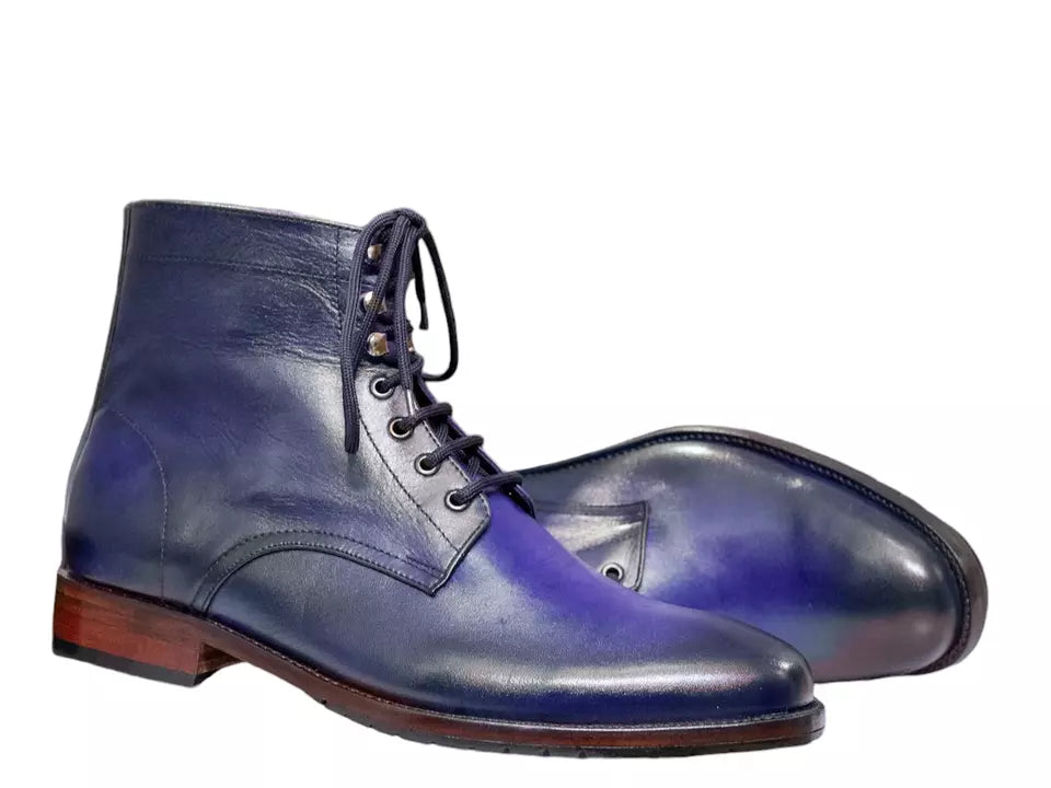 Handmade Men's Blue Color Toning Leather Lace Up Ankle High Boots