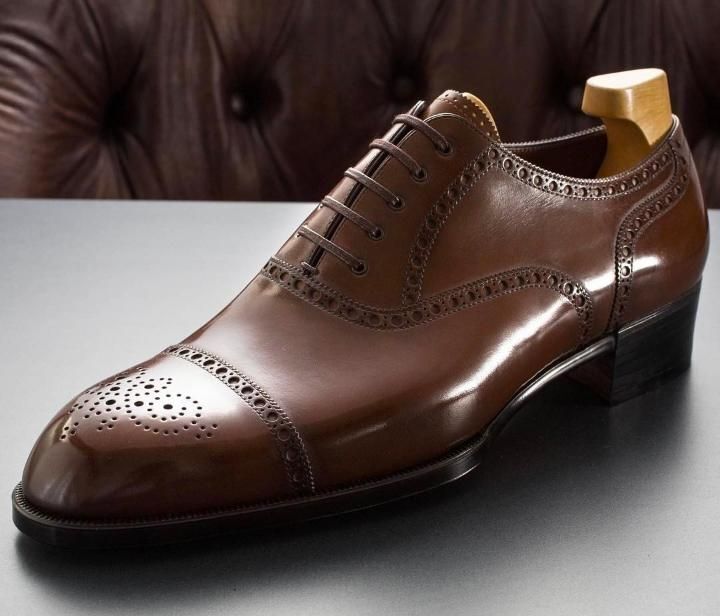 Handmade Men's Brown Leather Oxford Brogue Cap Toe Dress Formal Shoes