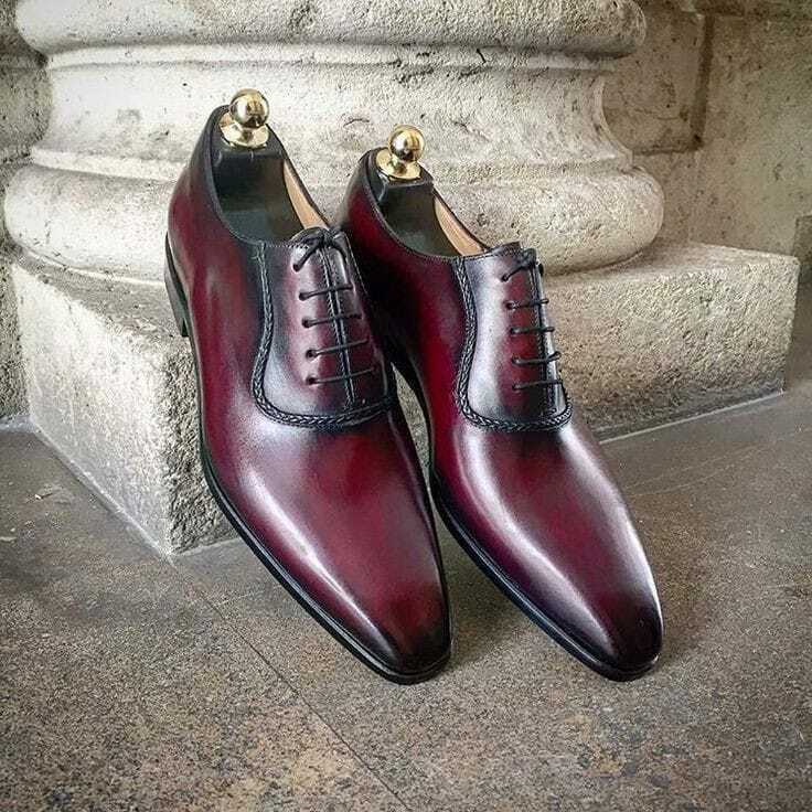 Handmade Men's Burgundy Leather Oxford Chiseled Toe Lace Up Dress Formal Shoes