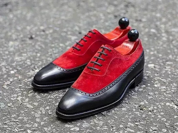 Handmade oxford shoes men, Red Suede Pure Black Leather shoes