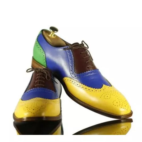 Men Handmade Multi Color Calf Leather Lace Up Shoes, Wing Tip Brogue Dress Shoes