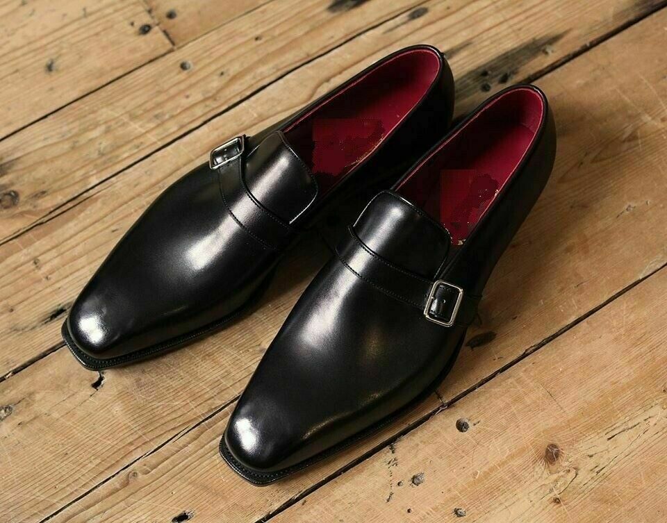 Handmade men monk strap shoes, men dress leather shoes, black office wear shoes